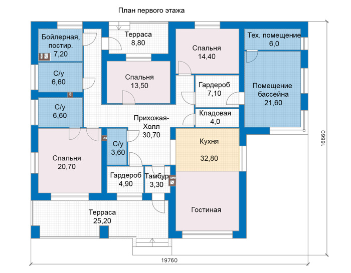 Планировка первого этажа :: Проект дома из кирпича 48-20