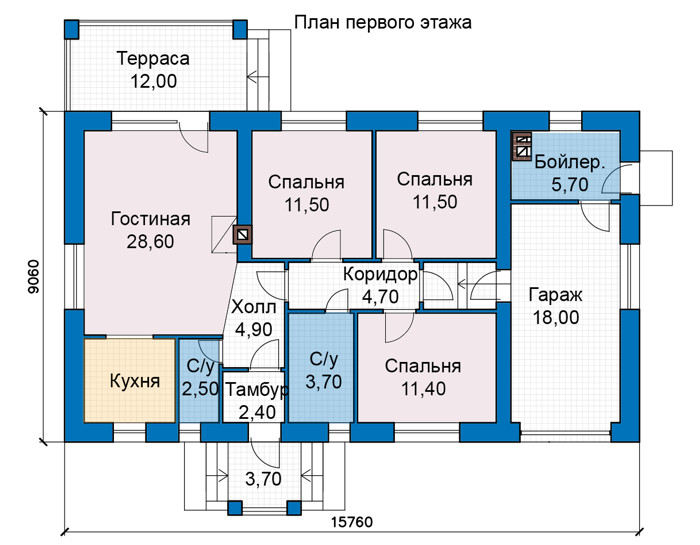 Планировка первого этажа :: Проект дома из кирпича 48-70