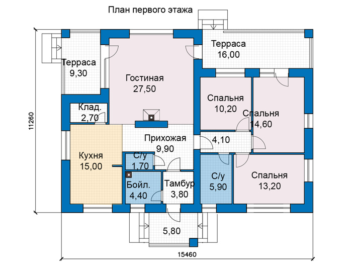 Планировка первого этажа :: Проект дома из кирпича 48-84