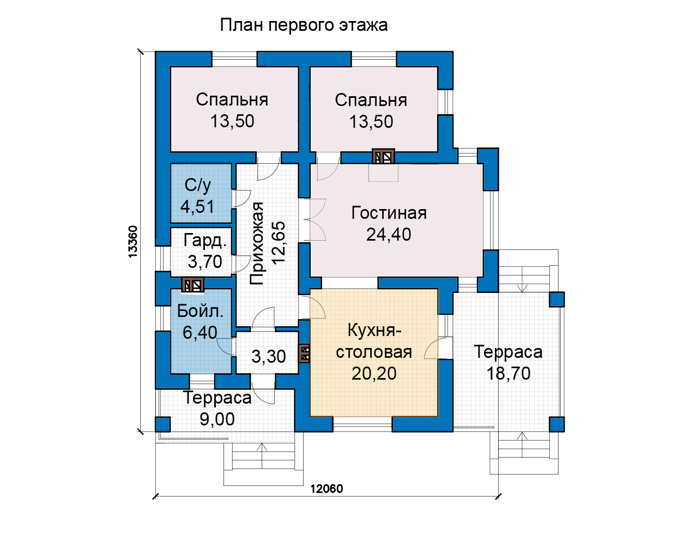 Планировка первого этажа :: Проект дома из кирпича 49-06