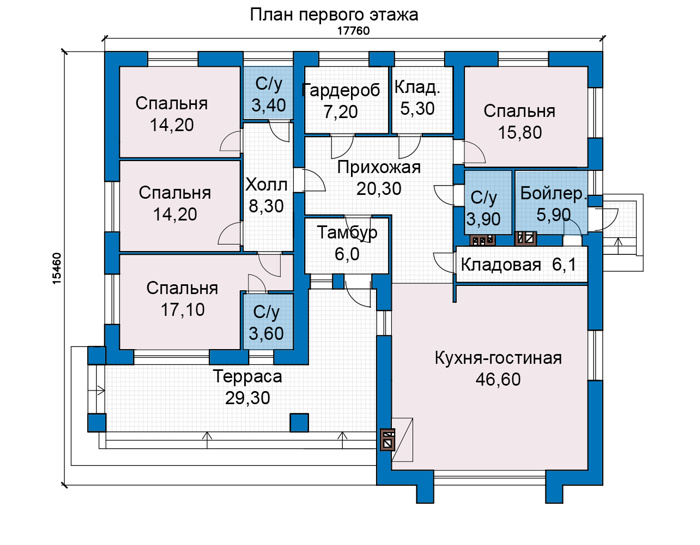 Планировка первого этажа :: Проект дома из кирпича 49-19