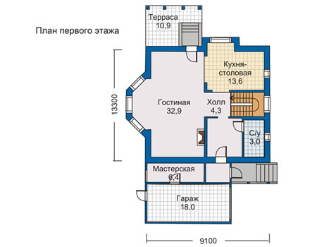 Планировка первого этажа :: Проект дома из газобетона 50-09