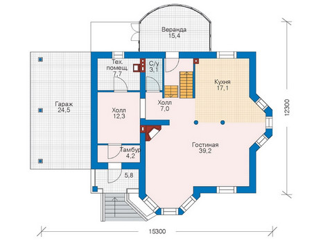 Планировка первого этажа :: Проект дома из газобетона 52-44