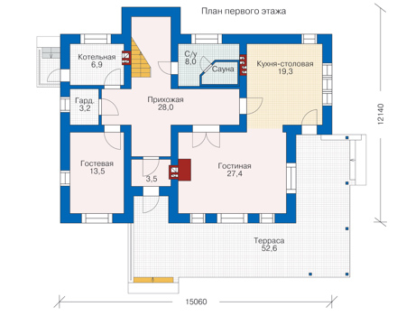 Планировка первого этажа :: Проект дома из газобетона 52-45