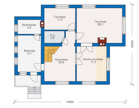 Планировка первого этажа :: Проект дома из газобетона 53-02