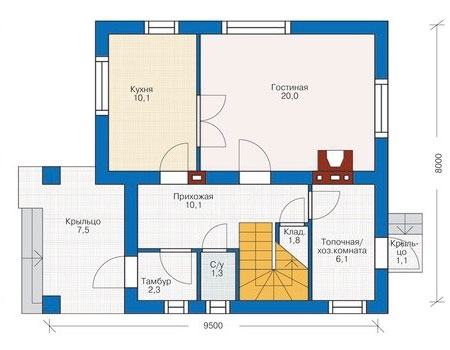 Планировка первого этажа :: Проект дома из газобетона 54-30
