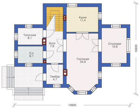 Планировка первого этажа :: Проект дома из газобетона 54-54