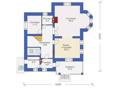 Планировка первого этажа :: Проект дома из газобетона 54-78