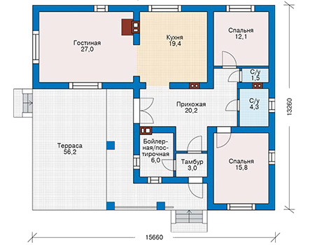 Планировка первого этажа :: Проект дома из газобетона 55-28