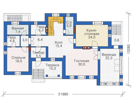 Планировка первого этажа :: Проект дома из газобетона 55-68