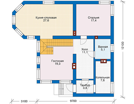 Планировка первого этажа :: Проект дома из газобетона 57-34