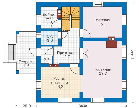 Планировка первого этажа :: Проект дома из газобетона 57-81