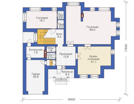 Планировка первого этажа :: Проект дома из газобетона 57-86