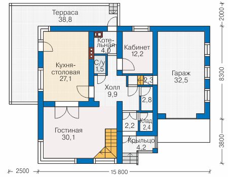 Планировка первого этажа :: Проект дома из газобетона 58-12