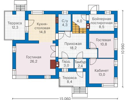 Планировка первого этажа :: Проект дома из газобетона 58-40