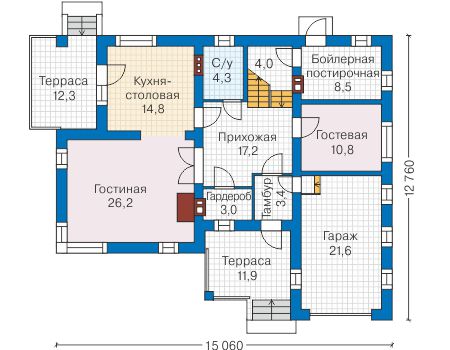 Планировка первого этажа :: Проект дома из газобетона 58-41