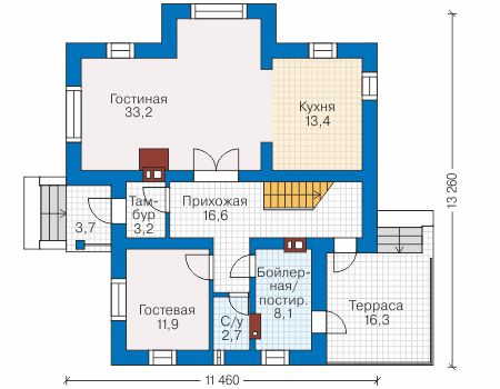 Планировка первого этажа :: Проект дома из газобетона 58-44