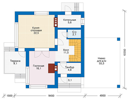Планировка первого этажа :: Проект дома из газобетона 58-48