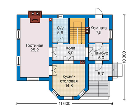 Планировка первого этажа :: Проект дома из газобетона 58-67