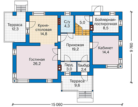Планировка первого этажа :: Проект дома из газобетона 59-00