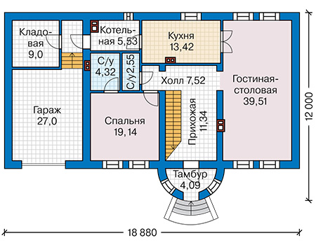 Планировка первого этажа :: Проект дома из газобетона 59-27