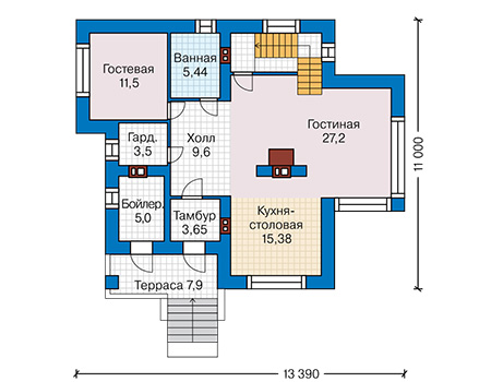 Планировка первого этажа :: Проект дома из газобетона 59-33