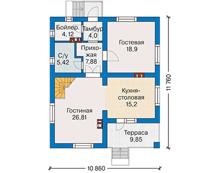 Планировка первого этажа :: Проект дома из газобетона 59-45