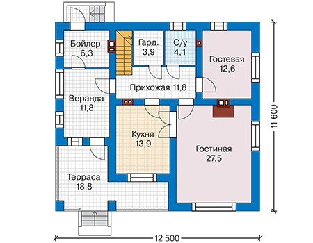 Планировка первого этажа :: Проект дома из газобетона 59-76