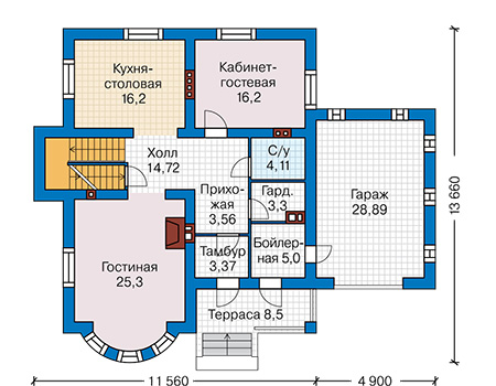 Планировка первого этажа :: Проект дома из газобетона 60-03