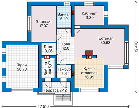 Планировка первого этажа :: Проект дома из газобетона 60-19