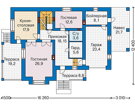 Планировка первого этажа :: Проект дома из газобетона 60-26