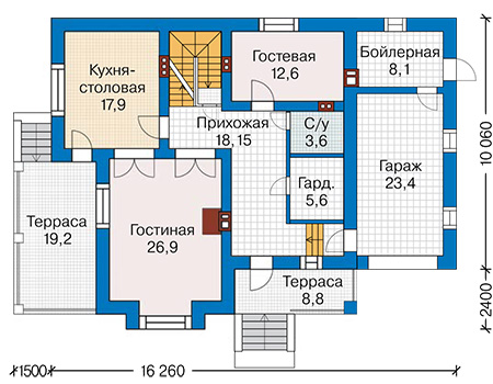 Планировка первого этажа :: Проект дома из газобетона 60-27