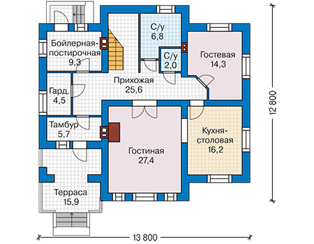 Планировка первого этажа :: Проект дома из газобетона 60-79