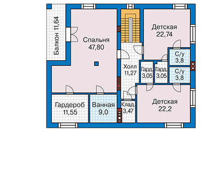 Планировка второго этажа :: Проект дома из газобетона 60-88