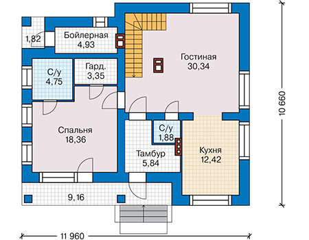 Планировка первого этажа :: Проект дома из газобетона 60-95