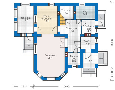 Планировка первого этажа :: Проект дома из газобетона 60-97