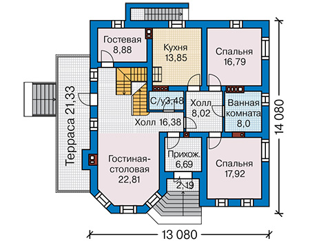 Планировка первого этажа :: Проект дома из газобетона 62-02