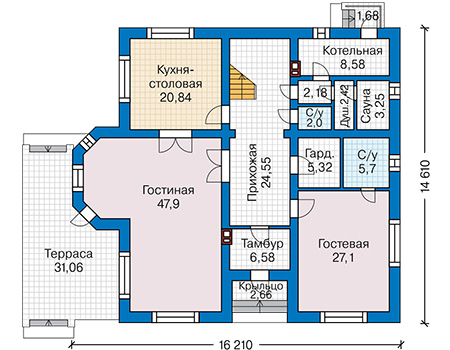 Планировка первого этажа :: Проект дома из газобетона 62-35