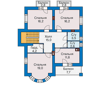 Планировка второго этажа :: Проект дома из газобетона 62-97