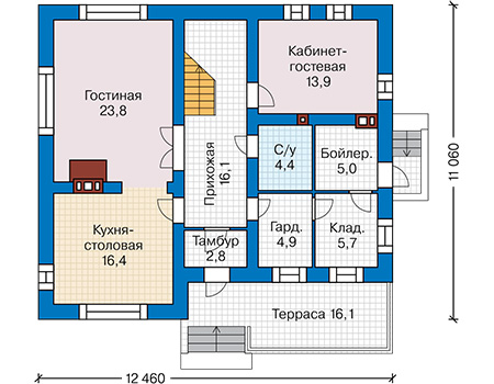 Планировка первого этажа :: Проект дома из газобетона 63-25