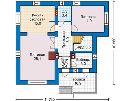 Планировка первого этажа :: Проект дома из газобетона 63-42