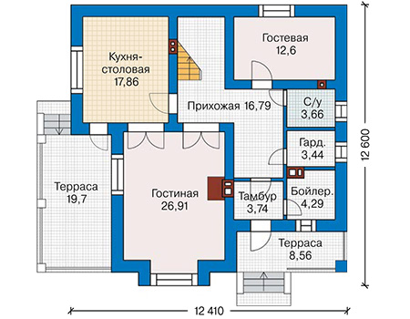 Планировка первого этажа :: Проект дома из газобетона 63-55