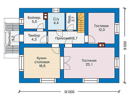 Планировка первого этажа :: Проект дома из газобетона 63-63