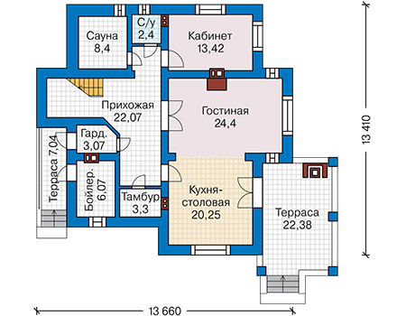 Планировка первого этажа :: Проект дома из газобетона 64-34