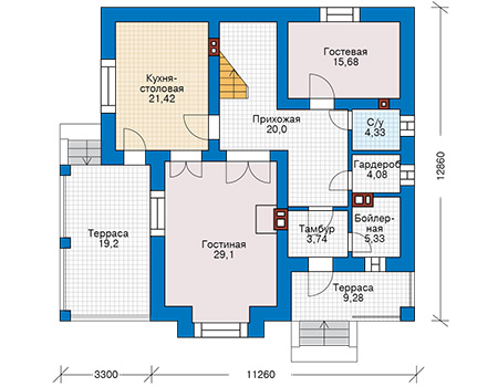Планировка первого этажа :: Проект дома из газобетона 64-49