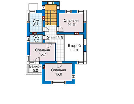 Планировка второго этажа :: Проект дома из газобетона 64-64