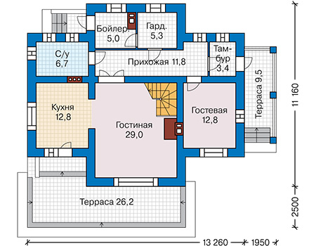 Планировка первого этажа :: Проект дома из газобетона 65-06