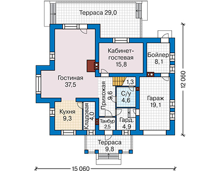 Планировка первого этажа :: Проект дома из газобетона 65-30