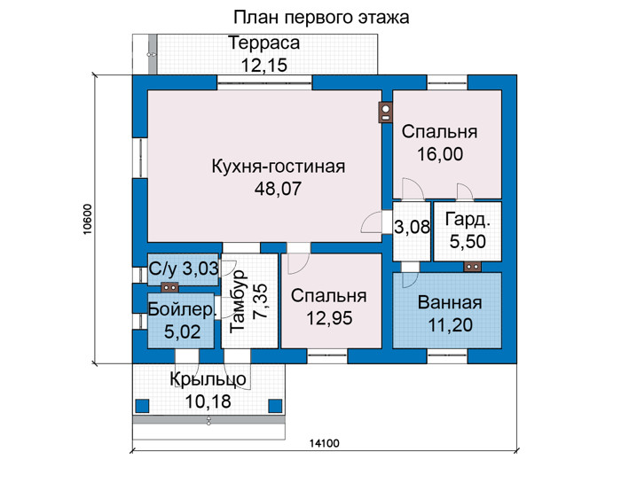 Планировка первого этажа :: Проект дома из газобетона 65-33