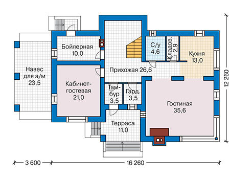 Планировка первого этажа :: Проект дома из газобетона 65-44